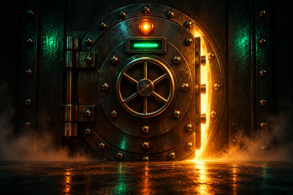 A steel bank-vault door, open a crack, with gold light spilling out