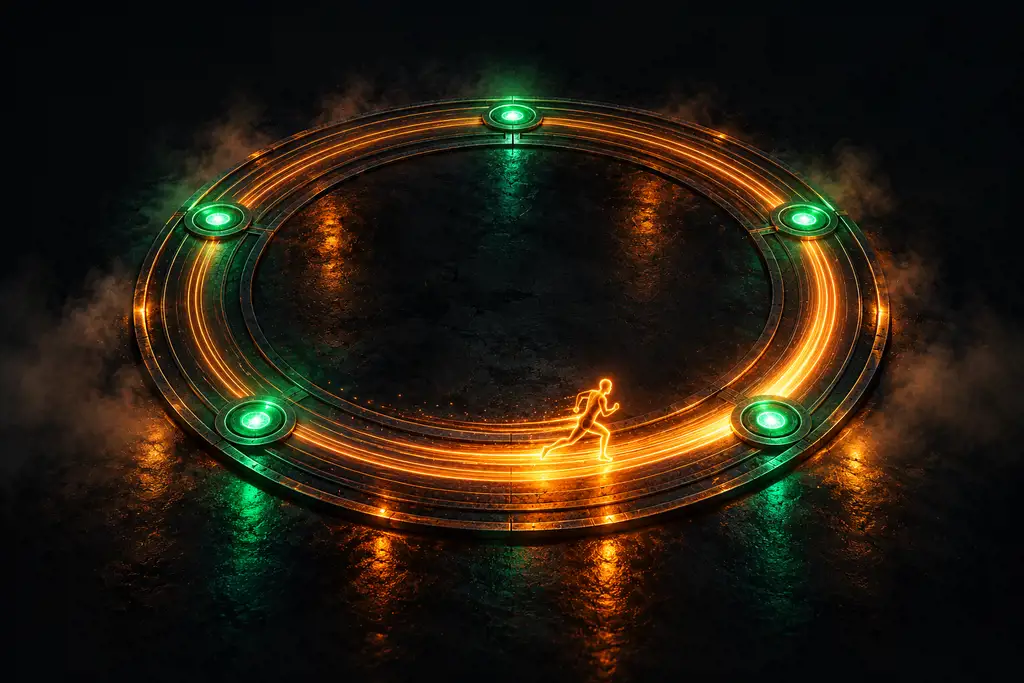 A glowing runner lapping a circular track with five green checkpoints