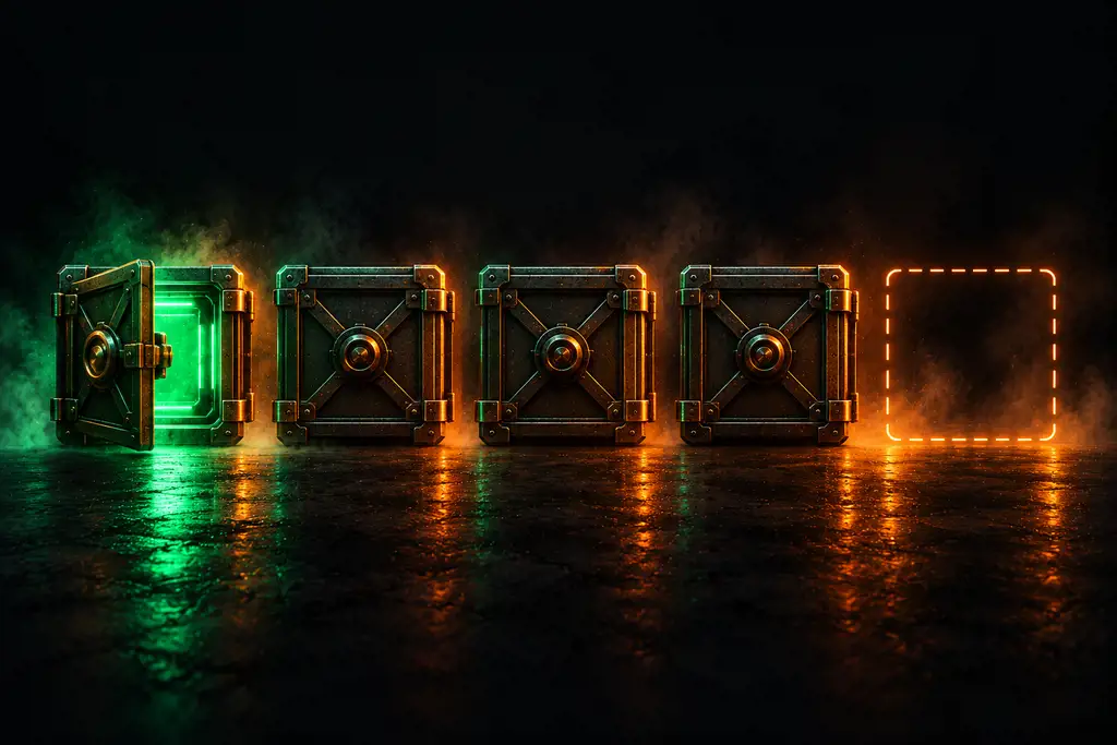 A row of four metal lockers, the first one lit green and open, then an empty outlined space