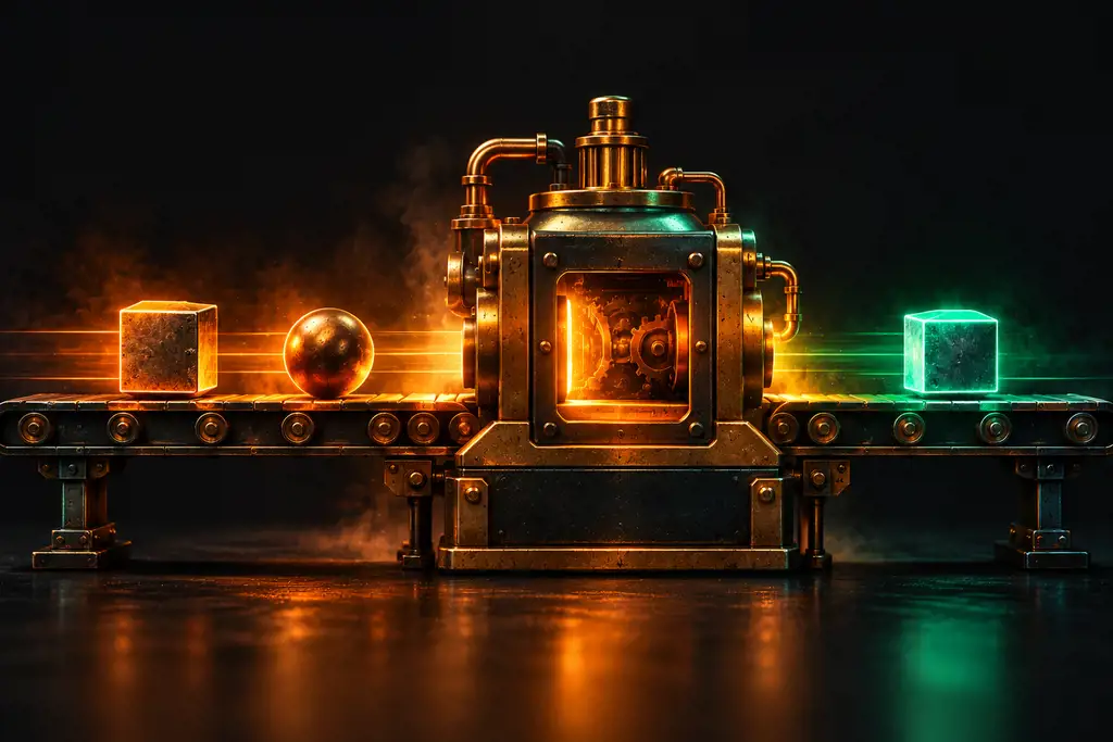 A brass machine on a conveyor: two parts go in, one glowing green part comes out