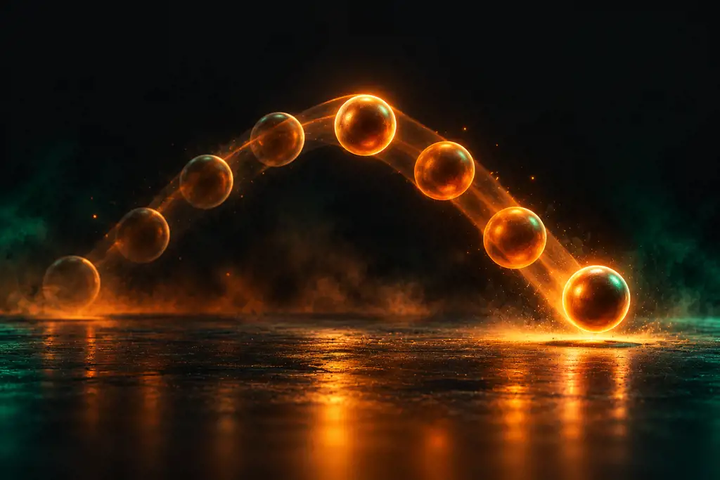 A glowing orange ball bouncing across a dark floor, with a trail of fading copies