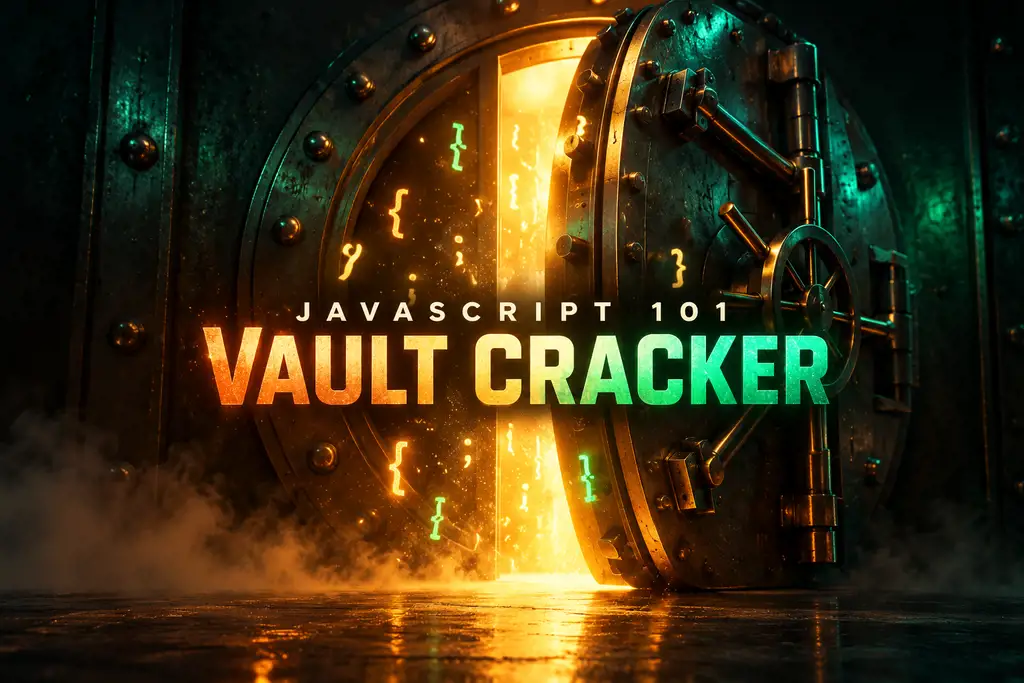 JavaScript 101: Vault Cracker. A glowing vault door, open a crack, with curly braces floating in the light