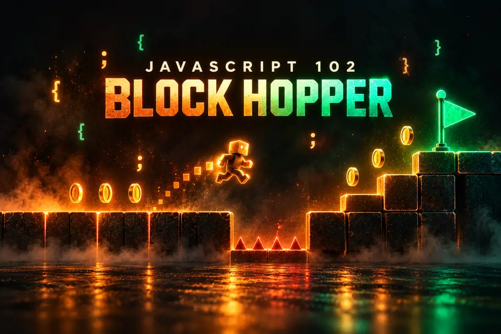 JavaScript 102: Block Hopper. A blocky hero leaps a gap between glowing platforms, past coins and spikes, toward a green flag