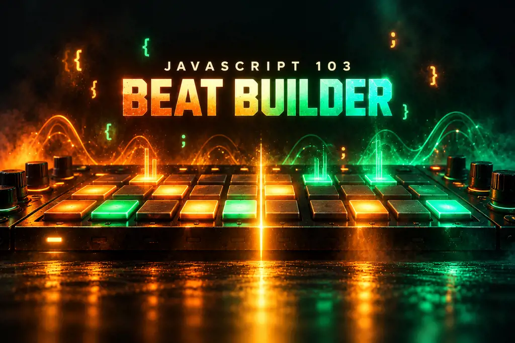 JavaScript 103: Beat Builder. A glowing drum machine with orange and green pads and a bright playhead
