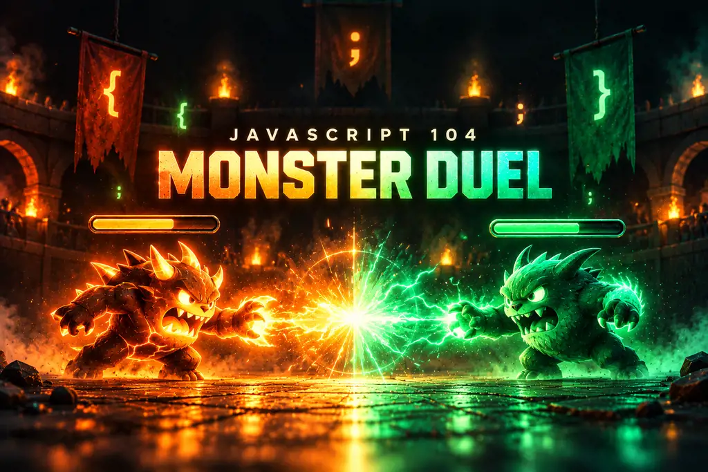 JavaScript 104: Monster Duel. An orange fire monster and a green monster fire energy at each other in an arena