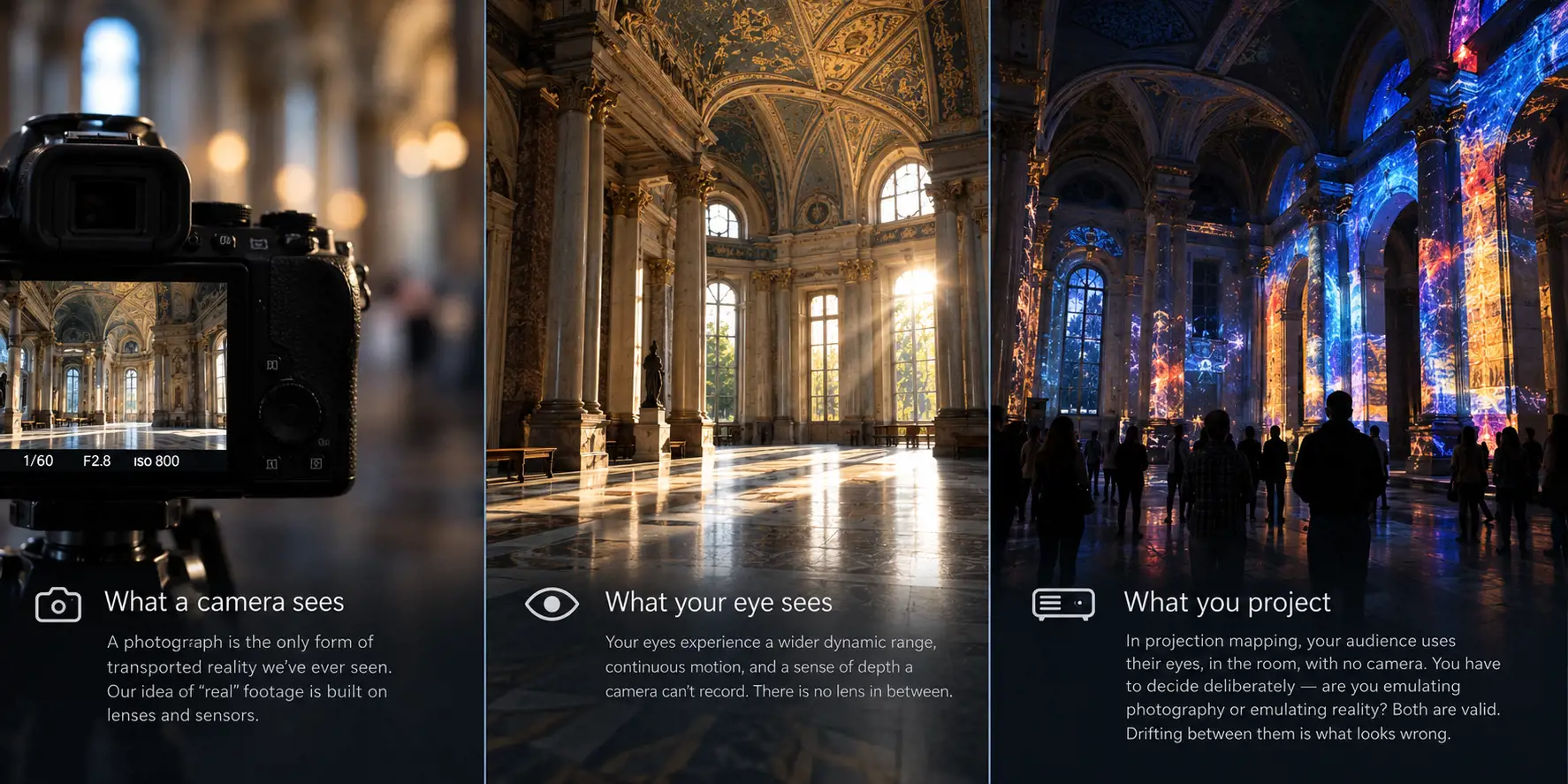Three panels of the same grand hall. What a camera sees: the hall on a camera's screen, because our idea of real footage is built on lenses and sensors. What your eye sees: the hall in sunlight, with wider dynamic range and depth and no lens in between. What you project: the hall covered in projection mapping, watched by people using only their eyes, so you must decide whether you are emulating photography or reality.