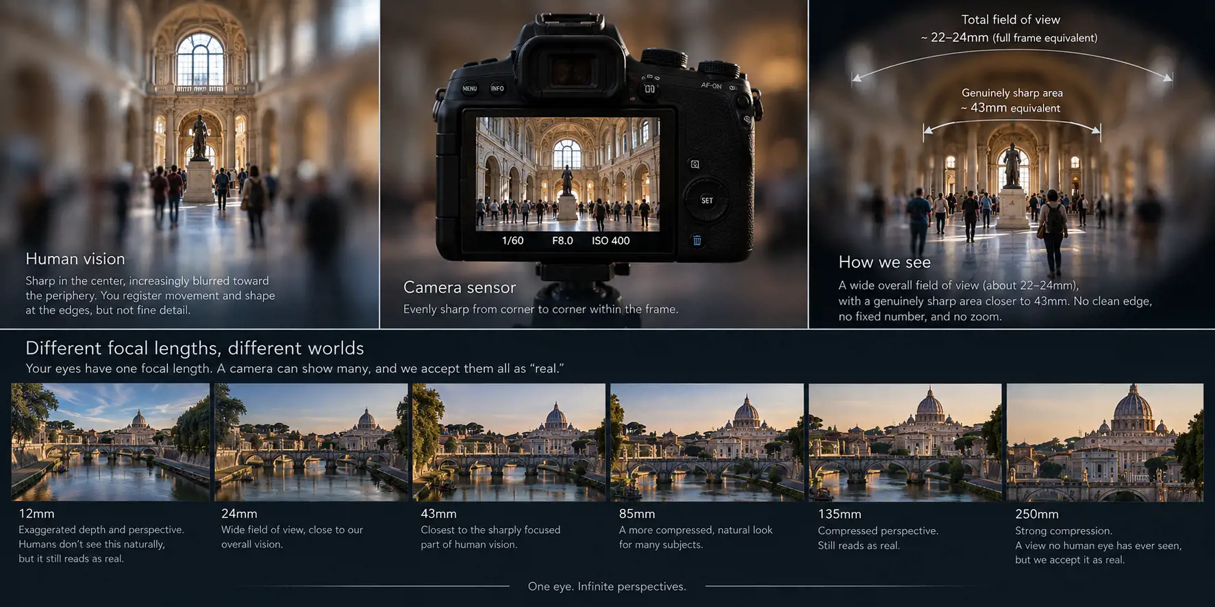 Human vision compared with a camera in a statue hall. Human vision is sharp in the center and blurred at the edges, with a total field of view around 22-24mm and a genuinely sharp area near 43mm; a camera sensor is evenly sharp corner to corner. Below, the same river view of a domed basilica at 12, 24, 43, 85, 135 and 250mm shows how focal length changes perspective, and we accept every one as real.