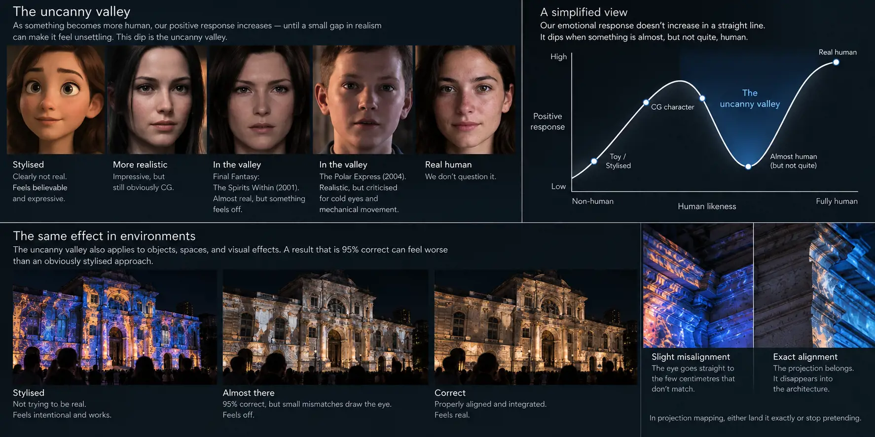 Infographic on the uncanny valley. Five faces run from stylised to real human, with Final Fantasy: The Spirits Within and The Polar Express in the valley, beside a graph where emotional response dips just before fully human. Below, a building projection shown stylised, almost there and correct, and a slight misalignment beside an exact one: in projection mapping, either land it exactly or stop pretending.