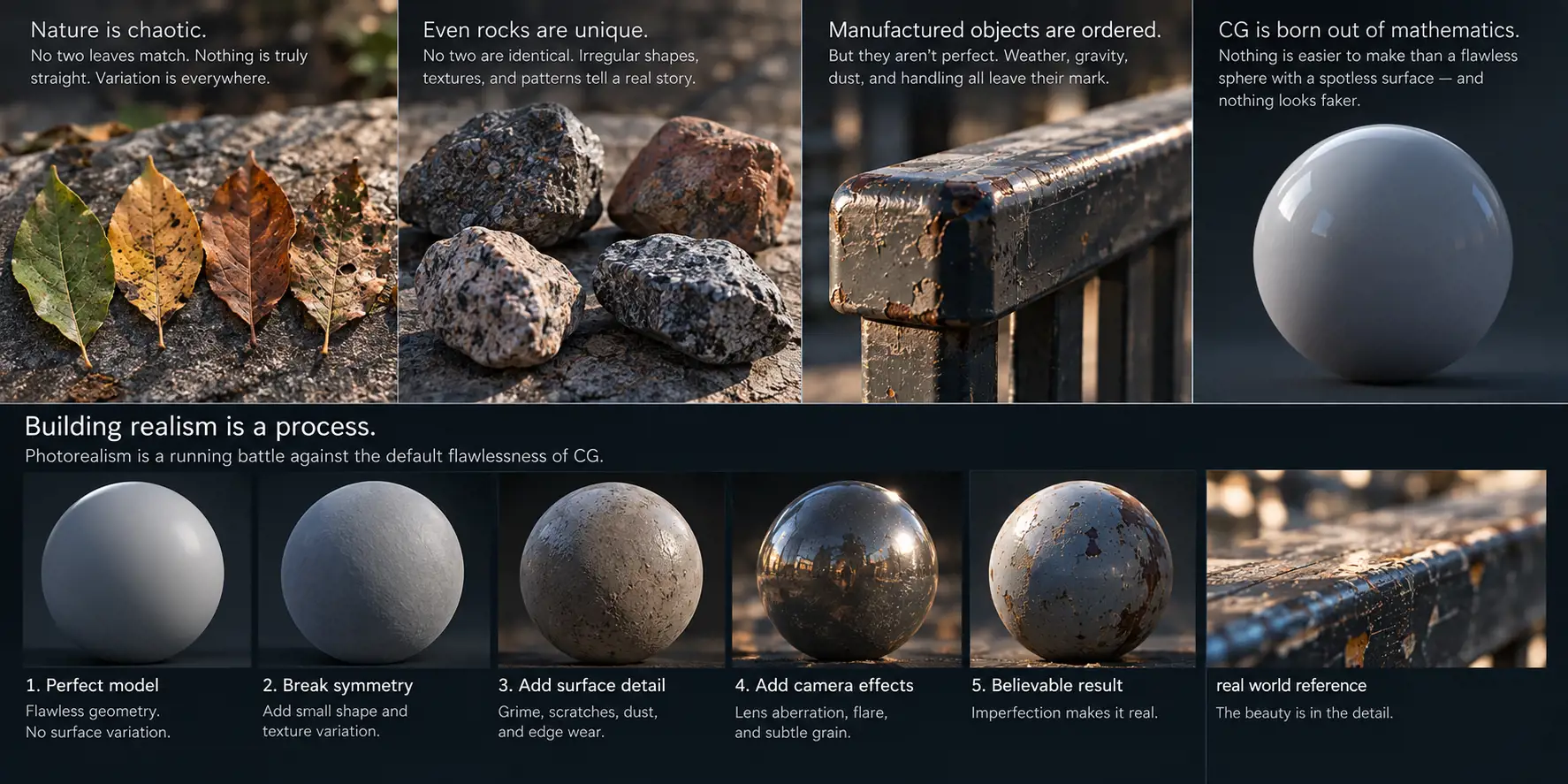 Infographic. Nature is chaotic, shown with mismatched leaves and unique rocks; manufactured objects are ordered but worn; CG is born out of mathematics, a flawless sphere that looks fake. A row of spheres builds realism step by step: perfect model, break symmetry, add surface detail, add camera effects, believable result, beside a weathered real railing for reference.