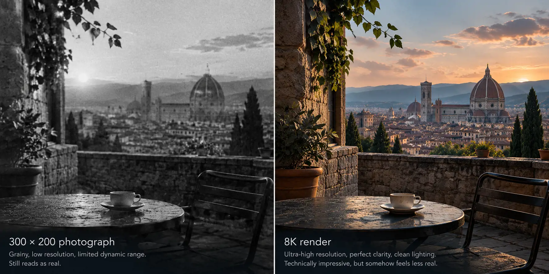 The same cafe terrace overlooking Florence and its cathedral dome, shown twice. Left, a grainy black-and-white 300 x 200 photograph that still reads as real. Right, a crisp, cleanly lit 8K render that is technically impressive but somehow feels less real.