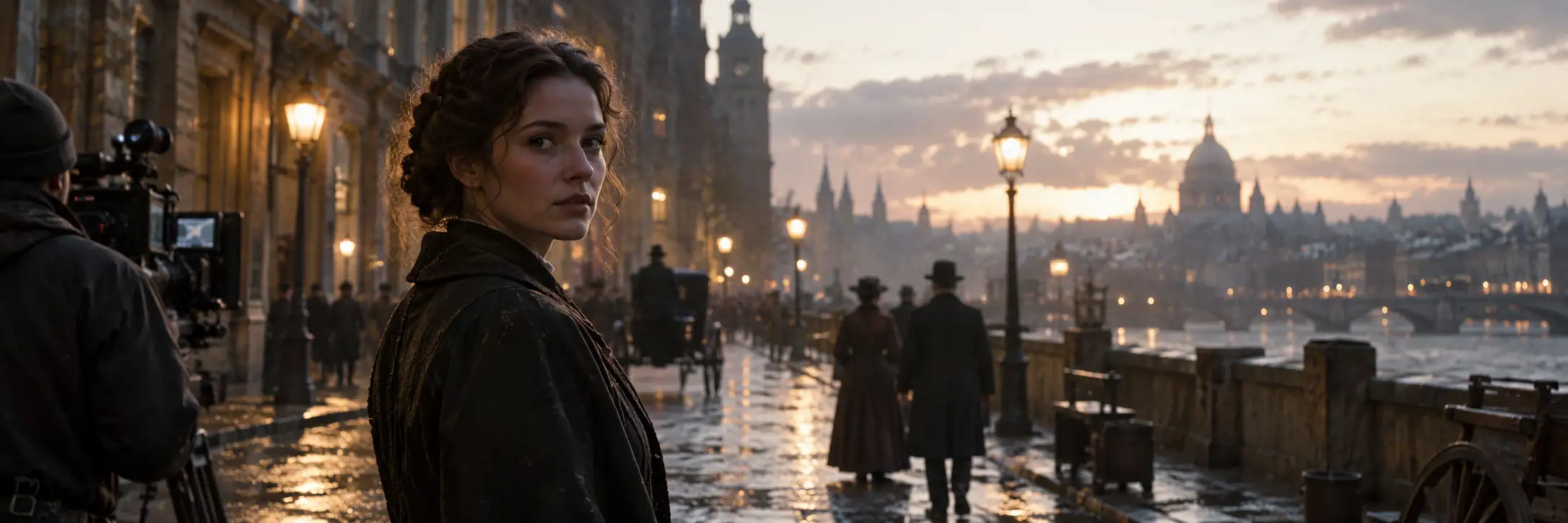 A period film set on a rainy riverside street at dusk. An actress in a Victorian coat looks back past a camera operator, with gas lamps, a horse-drawn carriage, figures in top hats and a domed city skyline behind her.