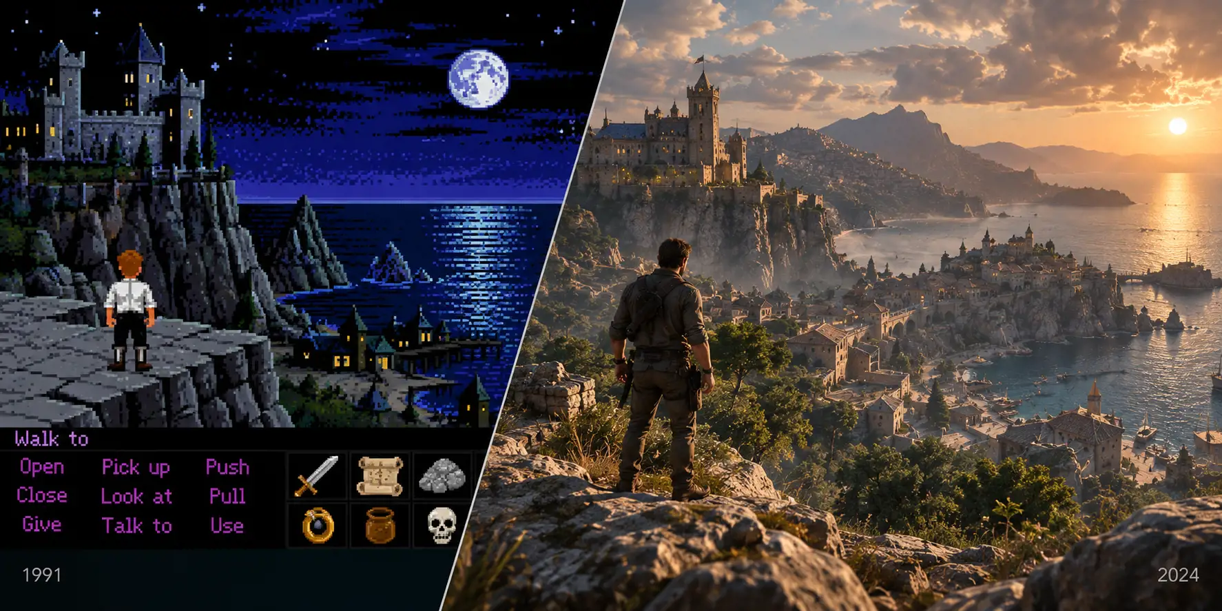 Split image labeled 1991 and 2024. Left, a pixel-art adventure game: a character on a moonlit clifftop below a castle, with verb commands and inventory icons along the bottom. Right, a photoreal game scene of an adventurer on a rocky hilltop overlooking a sunlit coastal town and castle.