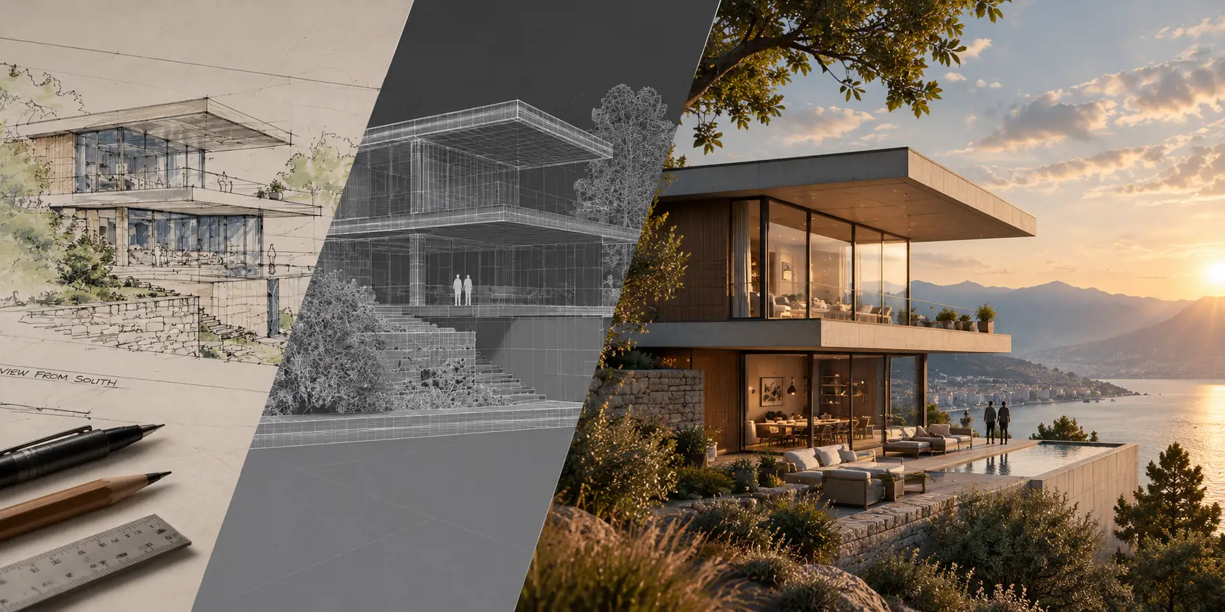 A modern cliffside house in three stages across diagonal splits: a hand-drawn architectural sketch with pens and a ruler, a gray 3D wireframe model, and a photoreal render at sunset above a lake.