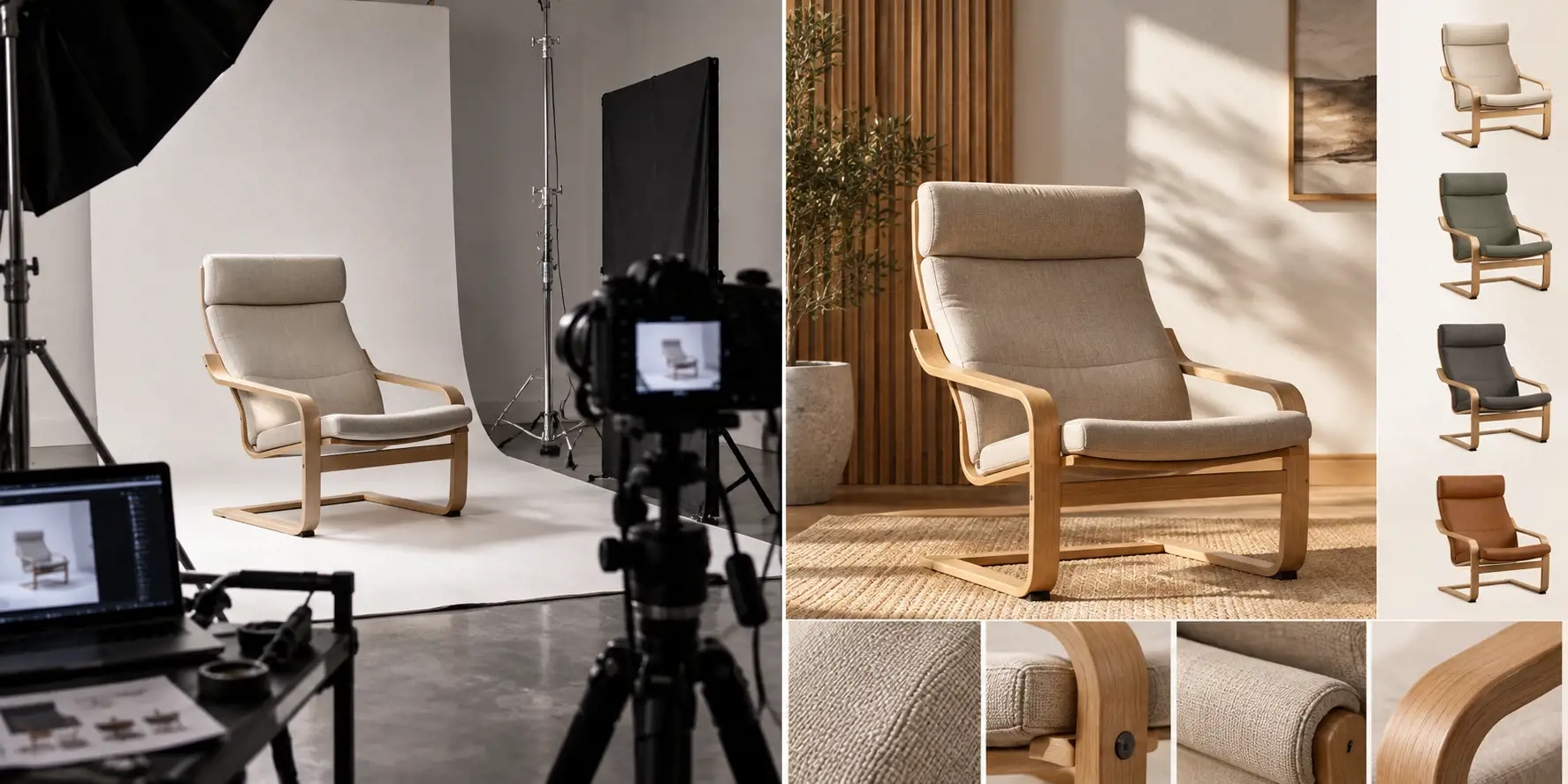Product visualization of a bentwood armchair: the chair in a photo studio with lights, a backdrop and a camera tethered to a laptop, a styled room shot of the same chair, four color variants, and close-ups of the fabric and wood.
