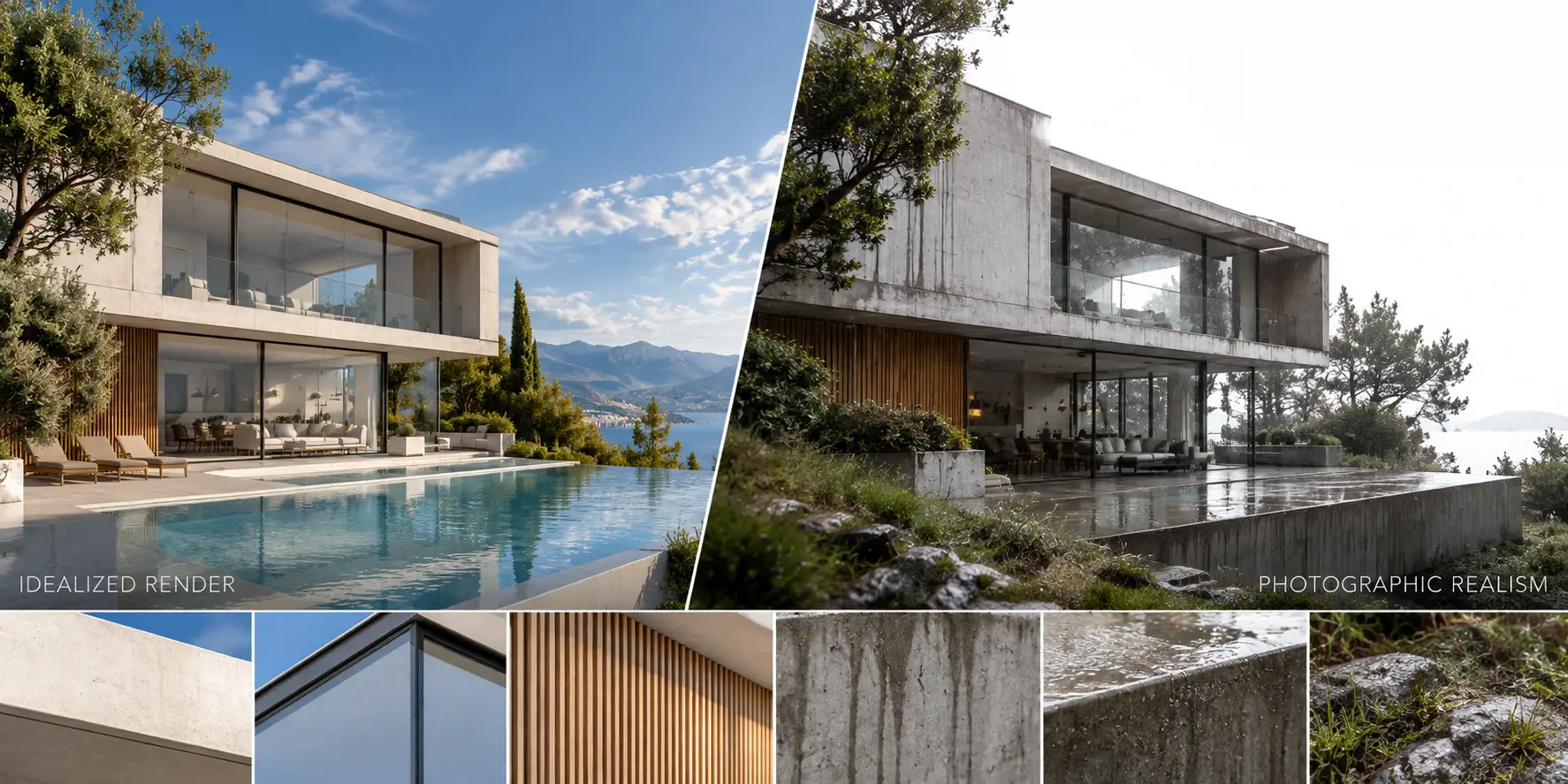 A concrete house with an infinity pool shown two ways: an idealized render under a clear blue sky, and photographic realism under a gray sky with rain-streaked concrete, wet stone and weeds. Close-ups below compare the clean rendered materials with weathered real ones.