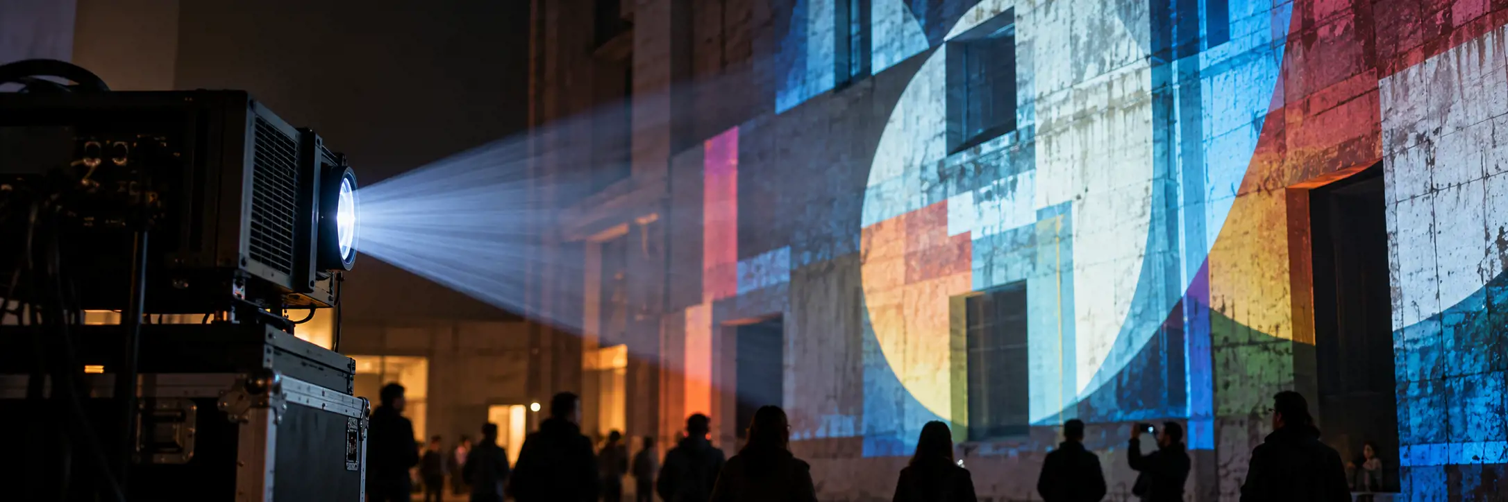 A projector on a flight case throws a beam across a dark plaza onto a stone building, covering the facade and its windows in large overlapping shapes of color while silhouetted spectators watch and photograph it.