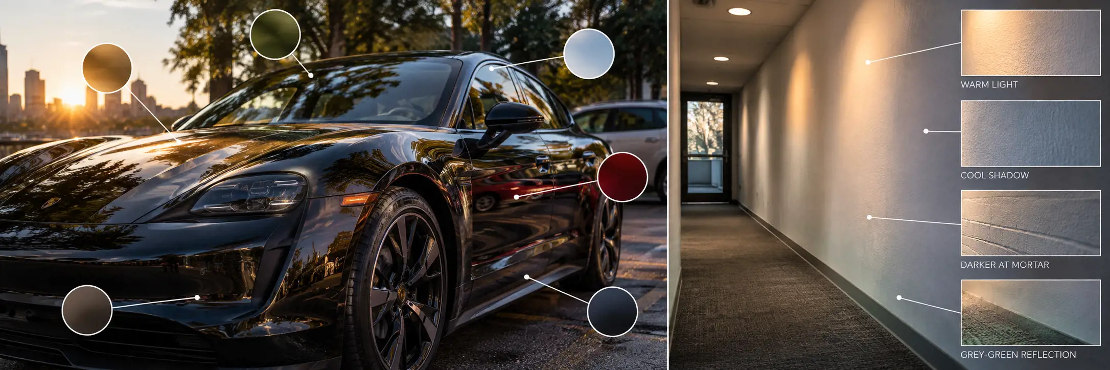 Colors sampled from real scenes. On a black car at sunset, swatches pulled from the paint show green, pale blue, deep red, brown and charcoal reflections. In a white hallway, four wall samples show warm light, cool shadow, darker at mortar and a gray-green reflection.