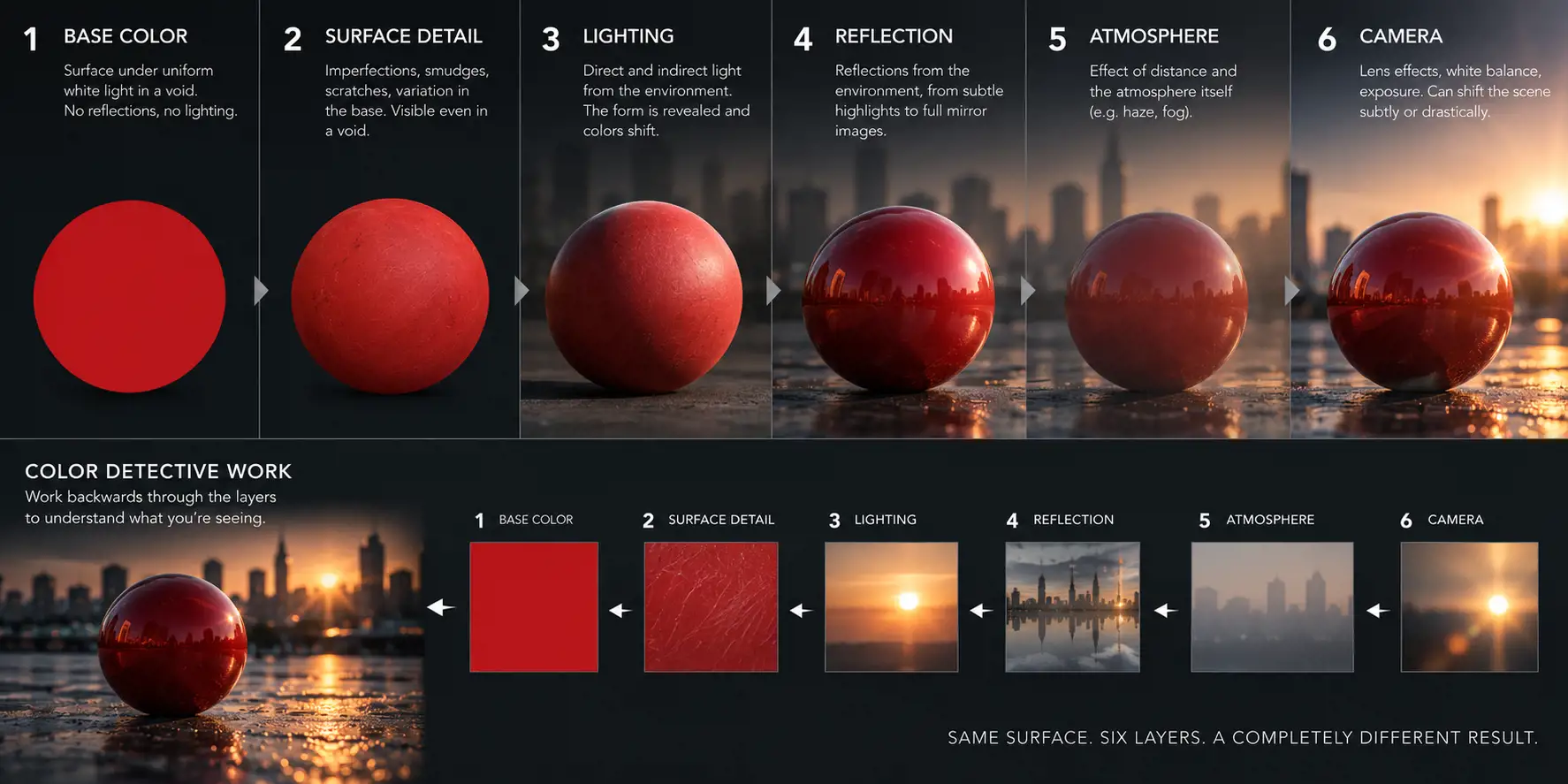 Infographic showing a red sphere built up in six layers: base color, surface detail, lighting, reflection, atmosphere and camera, ending glossy against a sunset city. Below, color detective work runs the six layers backwards from the finished image. Same surface, six layers, a completely different result.