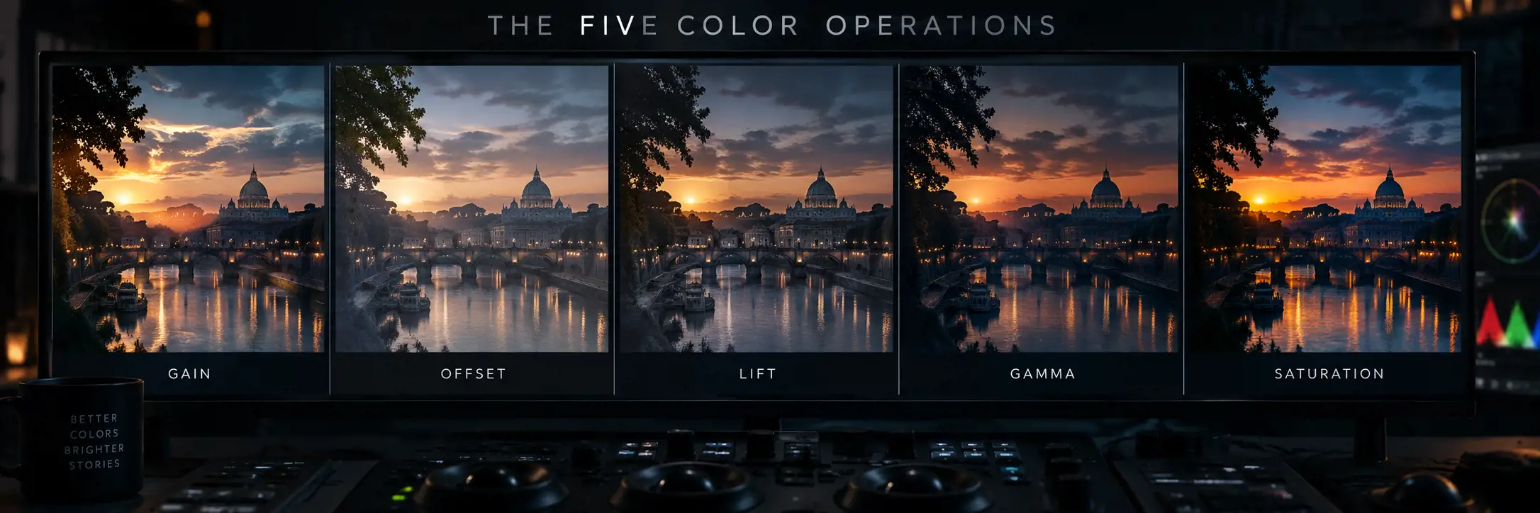 The five color operations: a grading monitor above a control desk shows the same sunset view of a river bridge and St Peter's dome in five panels, adjusted with gain, offset, lift, gamma and saturation.