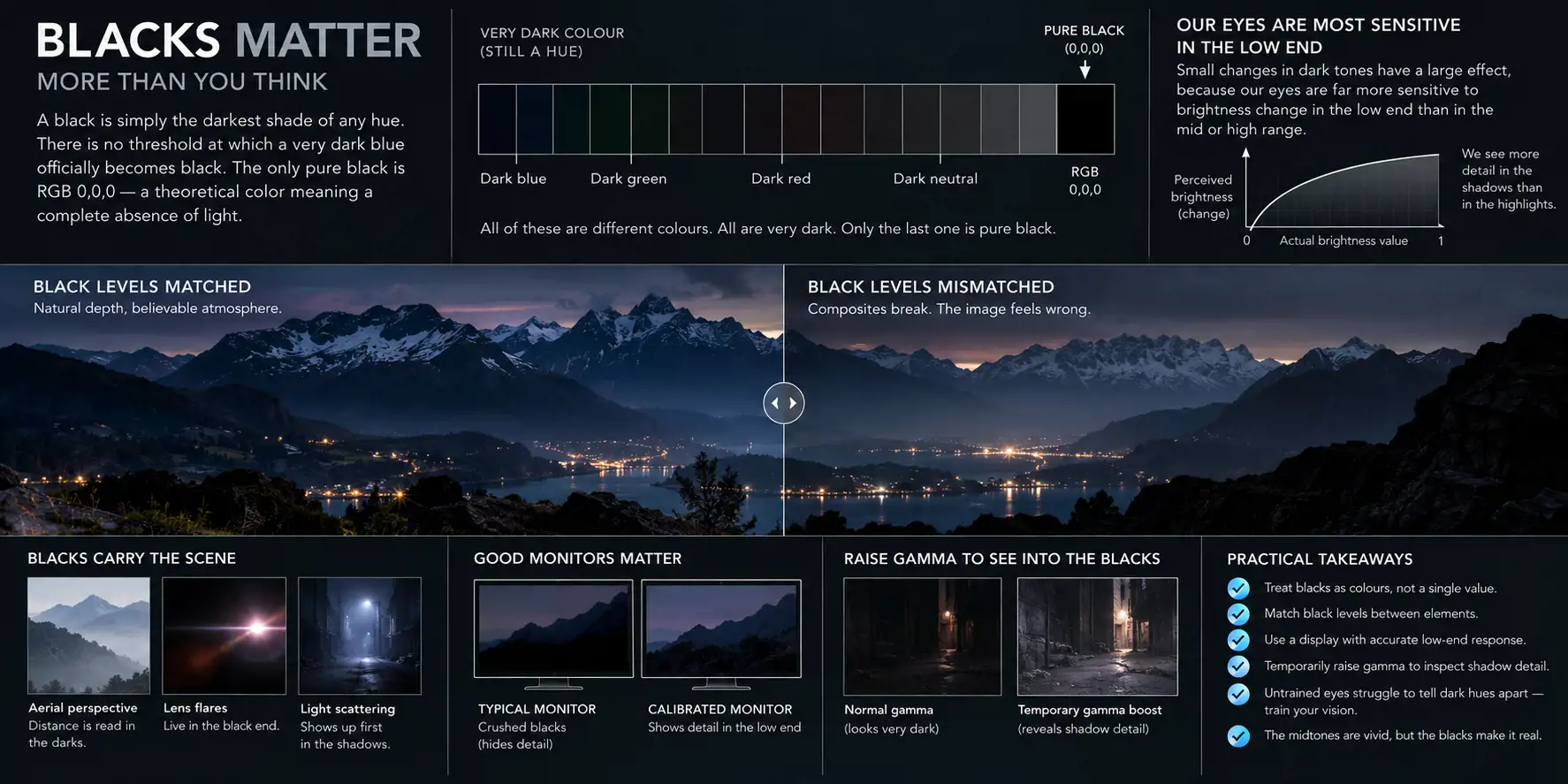 Infographic titled Blacks matter more than you think. A strip of very dark blues, greens, reds and neutrals ends in pure RGB 0,0,0, beside a curve showing our eyes are most sensitive in the low end. A night valley is shown with matched and mismatched black levels, then examples of blacks carrying the scene, typical versus calibrated monitors, raising gamma to inspect shadows, and practical takeaways.