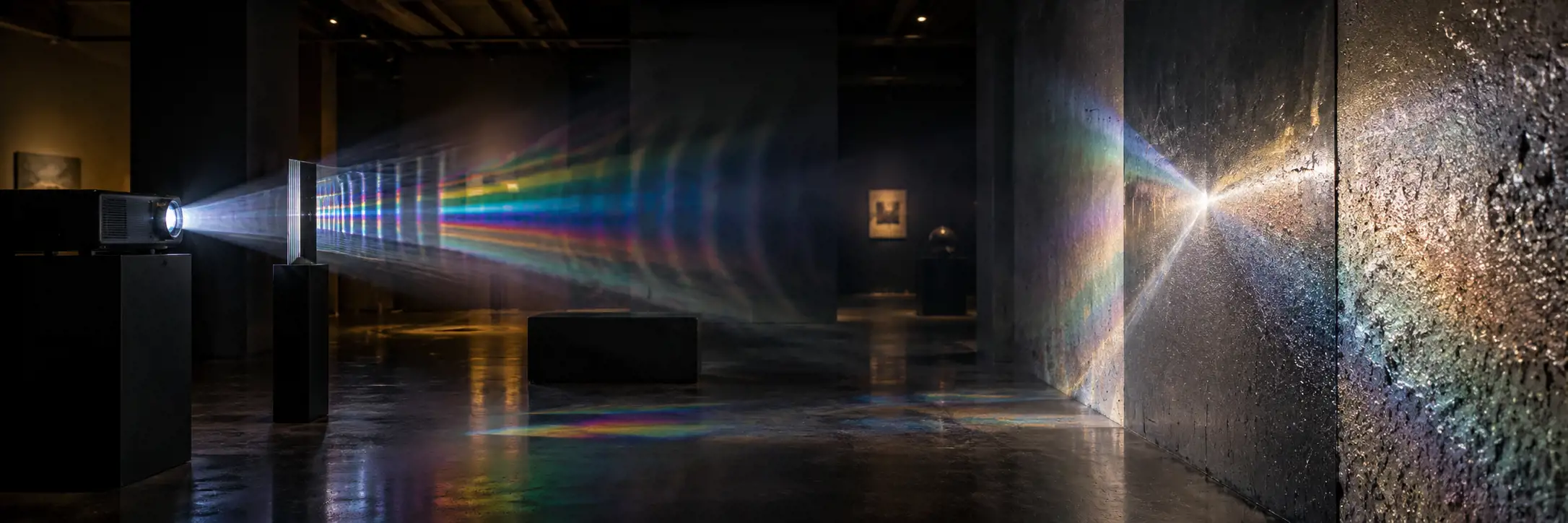 A projector beam passes through a glass prism on a plinth in a dark gallery and splits into rainbow bands that fan across the room, landing as a bright, spectrum-edged starburst on a textured wall.