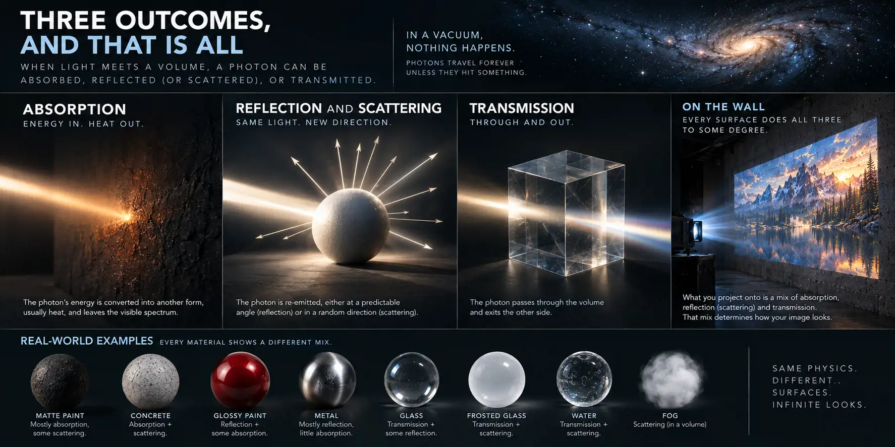 Infographic titled Three outcomes, and that is all: when light meets a volume, a photon can be absorbed, reflected or scattered, or transmitted. Panels show absorption as a beam dying into a rough dark surface, reflection and scattering as arrows leaving a white sphere, and transmission as a beam passing through a glass cube. On the wall: every surface does all three to some degree, and that mix determines how your image looks. A row of spheres gives real-world examples: matte paint, concrete, glossy paint, metal, glass, frosted glass, water and fog.