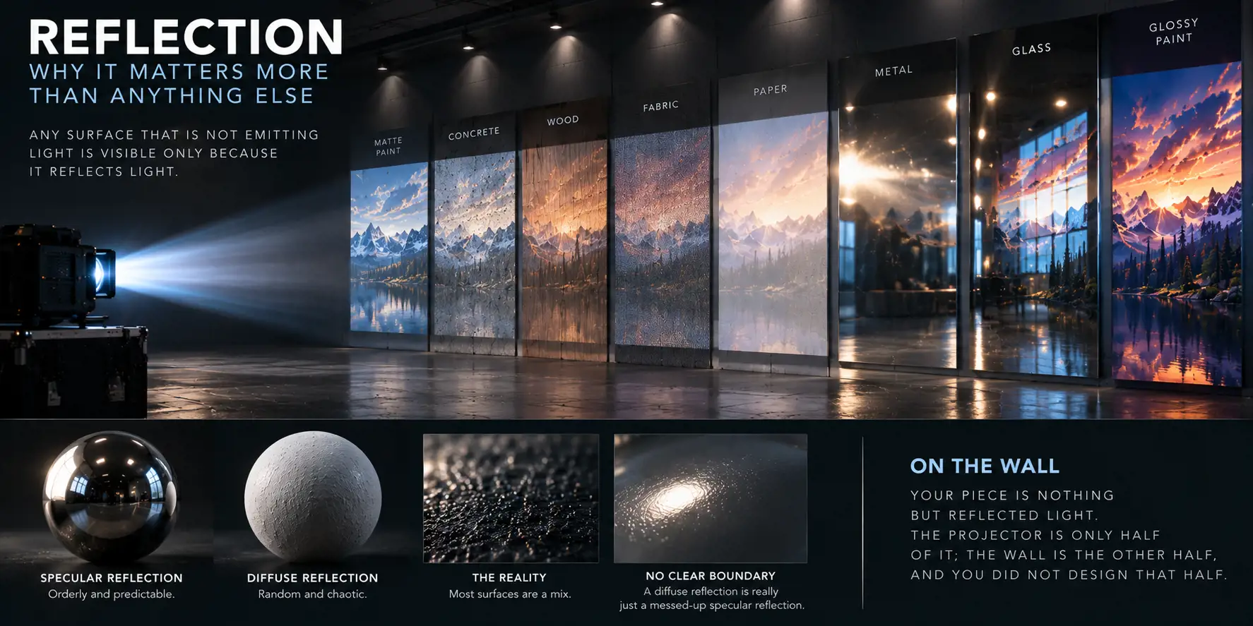 Infographic titled Reflection: why it matters more than anything else. A projector throws the same mountain landscape across a row of panels - matte paint, concrete, wood, fabric, paper, metal, glass and glossy paint - and each surface renders it differently. Spheres compare orderly specular reflection with random diffuse reflection, and close-ups note that most surfaces are a mix. On the wall: your piece is nothing but reflected light, and the wall is the half you did not design.
