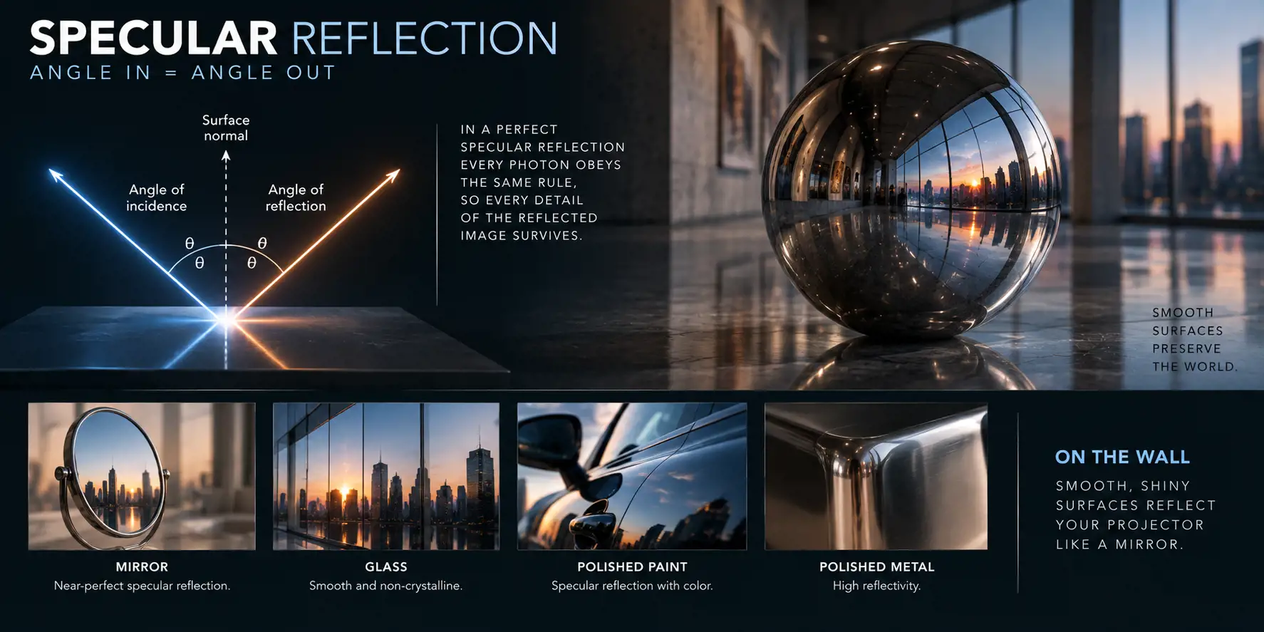 Infographic titled Specular reflection: angle in equals angle out. A diagram shows the angle of incidence matching the angle of reflection around the surface normal, beside a chrome sphere reflecting a city at sunset. Thumbnails show a mirror, glass, polished paint and polished metal. On the wall: smooth, shiny surfaces reflect your projector like a mirror.